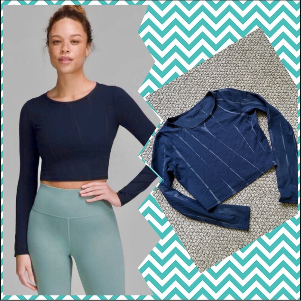Lululemon Wunder Train Cropped Long Sleeve Shirt Sun Bleached Wash Navy 8 Medium